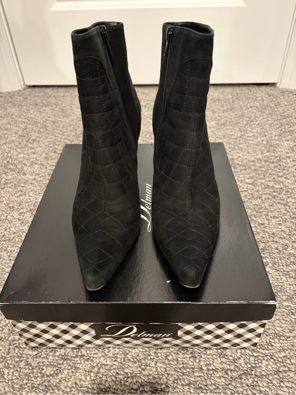 Delman Black Quilted Pointed-Toe Ankle Booties with Side Zip